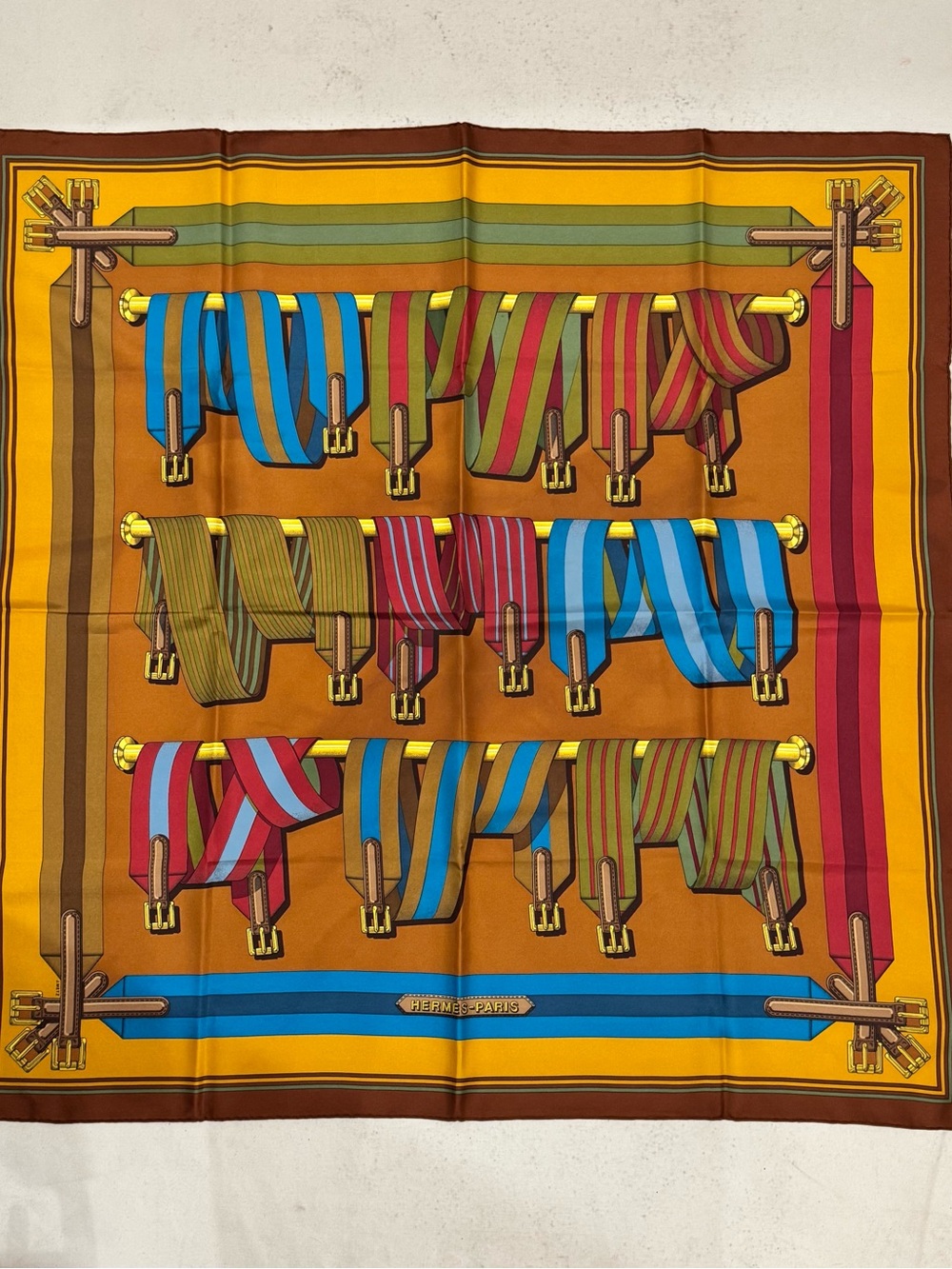 Hermès Paris “Les Sangles” Silk Scarf with Striped Ribbon Motif